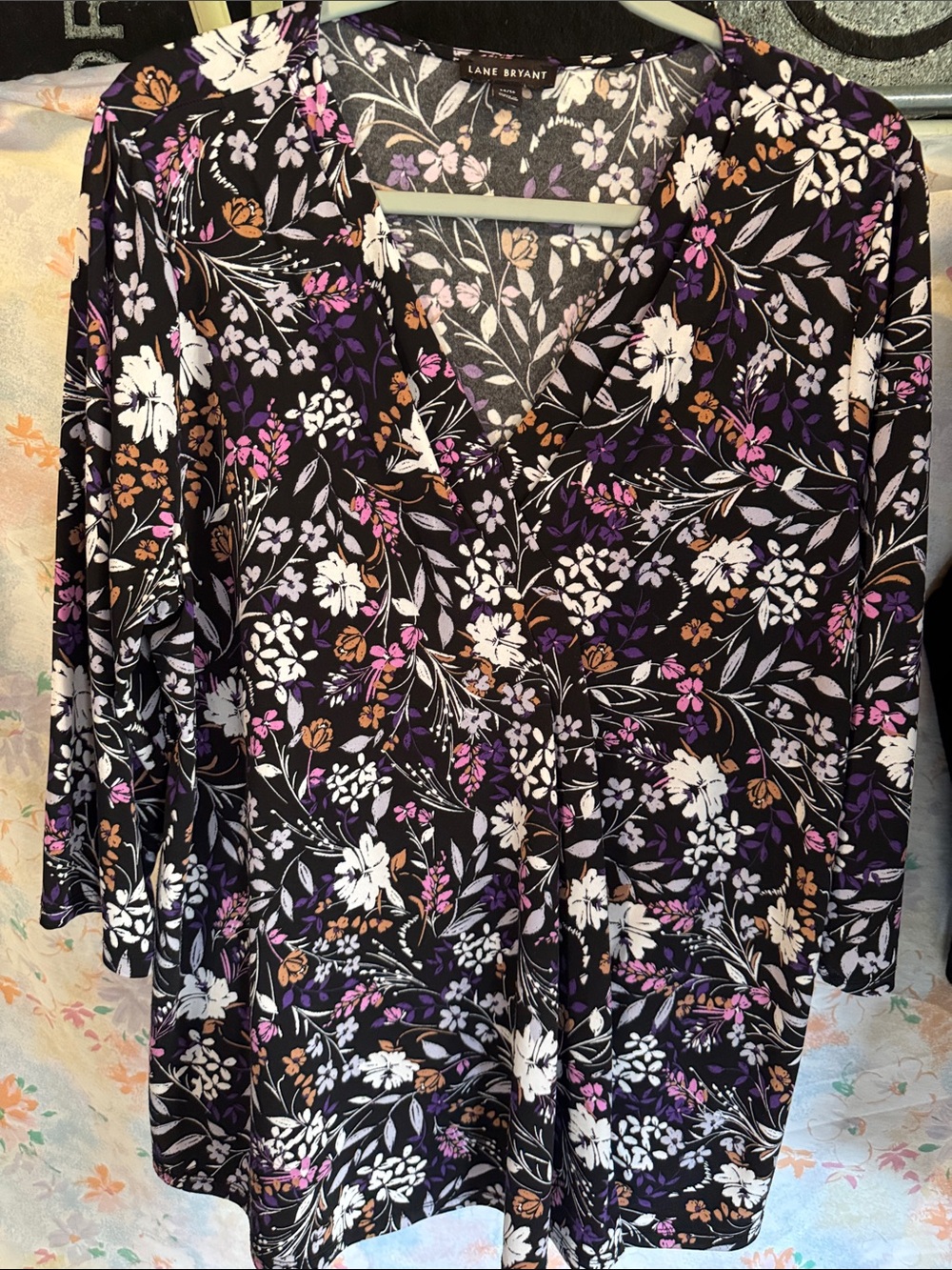 Lane Bryant Black Floral V-Neck Tunic with Purple & Tan Accents